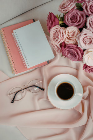 A serene morning setup with a cup of coffee, glasses, notebook, and pink roses.