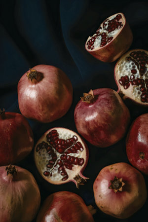A collection of pomegranates on a dark background, some cut open to reveal their seeds.