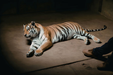 A tiger is lying down on the floor in a dark room with a person's feet visible next to it.