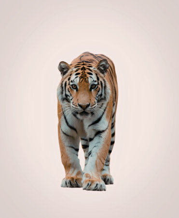A tiger walking towards the camera with a white background