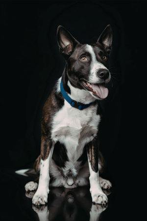 A black and white dog with a blue collar sits on a black background, looking to the right with its...