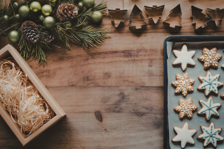 a tray of christmas cookies and a box on a wooden tableの写真素材