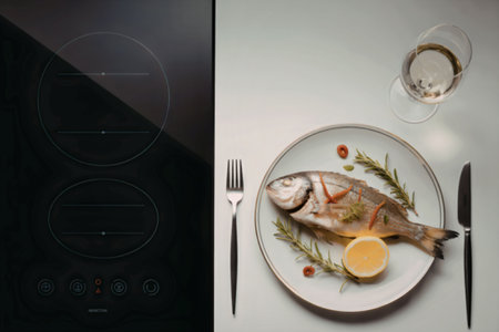 A plate of grilled fish with herbs and lemon on a white table with a glass of wine and a black...