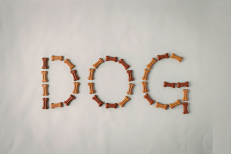 The word DOG made out of dog food on a white background