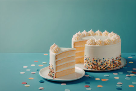 A white frosted cake with colorful sprinkles and a slice cut out on a blue background