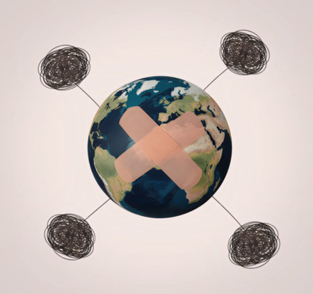 The image depicts the Earth with a band aid and surrounded by pollution clouds.