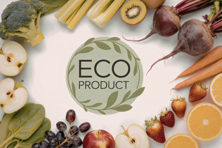 A variety of fresh fruits and vegetables arranged in a circle around an eco product logo.