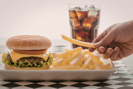 A hand holding a french fry over a plate with a burger, fries and a glass of soda
