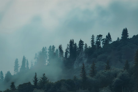A serene mountain landscape shrouded in fog, featuring a dense forest of evergreen trees under a...