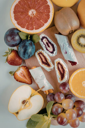 A vibrant arrangement of fresh fruits and healthy wraps on a wooden cutting board, showcasing a...