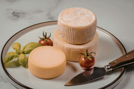 A beautifully arranged cheese platter featuring a variety of cheeses, fresh tomatoes, and basil...