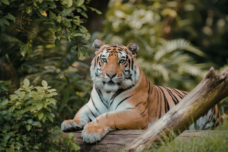 A tiger lies on a log in a forest, surrounded by lush greenery.