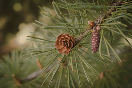 A close-up view of a pinecone on a pine tree branch with green needles