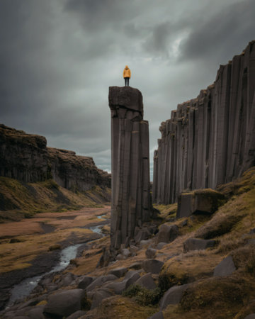 A serene landscape featuring tall basalt columns under a dramatic cloudy sky, with a solitary figure...
