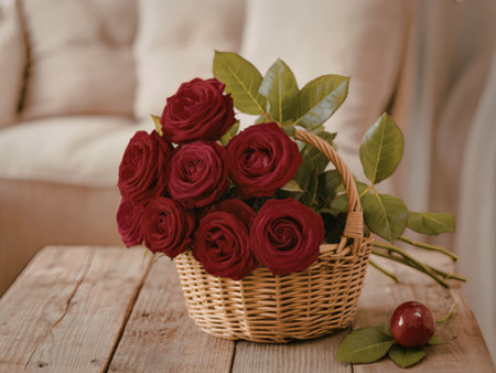A bouquet of red roses in a woven basket on a wooden table with a couch in the backgroundの写真素材