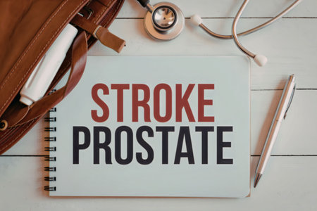 A notebook with 'STROKE PROSTATE' written on it, alongside a pen and a purse on a white...