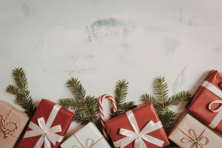A row of wrapped Christmas gifts in red, white, and brown paper with ribbons and bows, surrounded by...