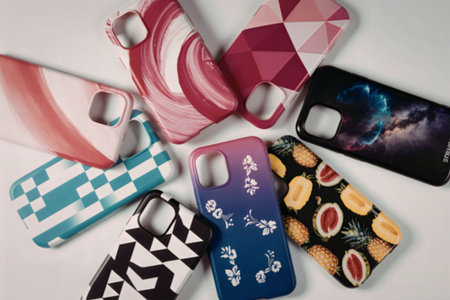 A blurry image of various colorful phone cases arranged in a circle on a white background.