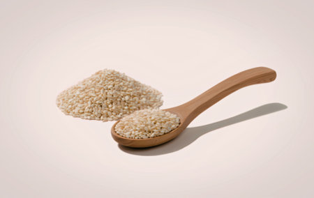 A wooden spoon filled with sesame seeds next to a small pile of sesame seeds on a white background.