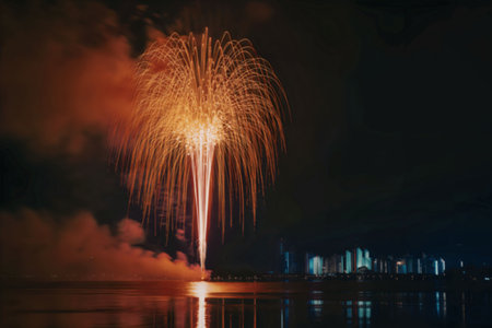 A vibrant fireworks display over a body of water at night, with a city skyline in the background.