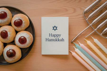 A plate of sufganiyot, a greeting card, and colorful candles on a wooden table