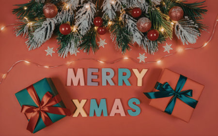 A festive Christmas background with gifts, Merry Xmas text and decorations