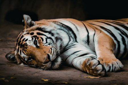 A tiger is lying down on the ground, looking directly at the camera with its distinctive orange and...