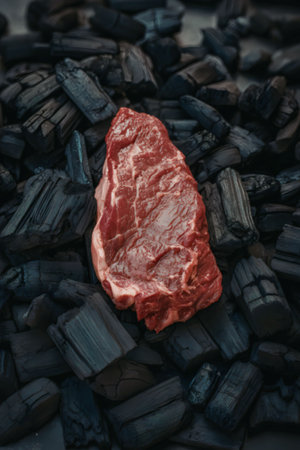 A raw steak placed on a bed of charcoal, highlighting the contrast between the red meat and black...