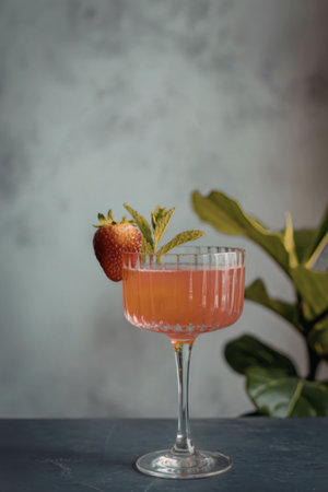 A pink cocktail in a glass with a strawberry and mint leaves