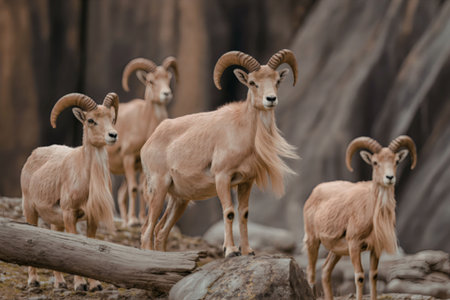 Four bighorn sheep standing on a rocky outcrop, looking alert and aware of their surroundings.