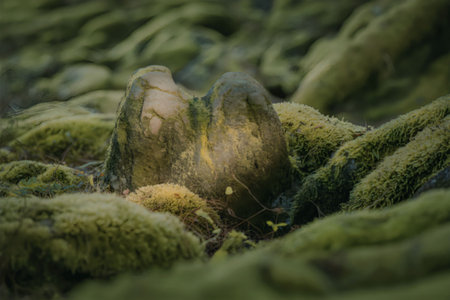 A close-up view of moss covered rocks in a natural setting, showcasing vibrant green moss and lichen growth.の写真素材