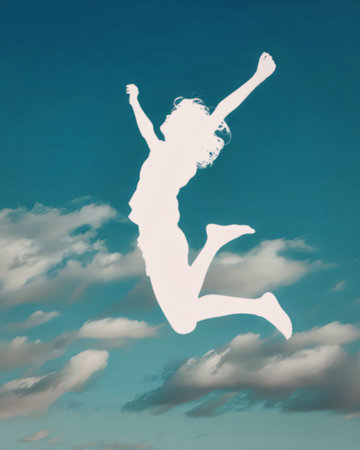 A silhouette of a person jumping in the air with a blue sky and clouds in the background.