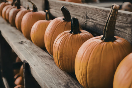 A row of pumpkins on a wooden shelf, likely at a market or farm stand.