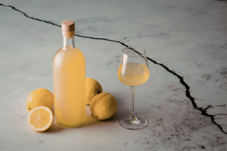 A refreshing glass of lemon drink next to a bottle and lemons on a cracked surfaceの写真素材