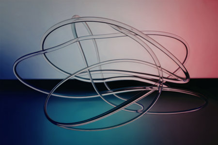 A metal wire sculpture with a colorful background, featuring a mix of blue, purple, and pink hues....