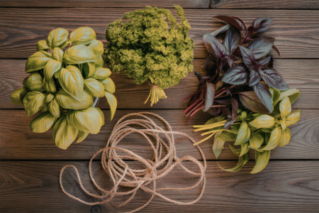 Three types of fresh herbs, including basil, parsley, and purple basil, arranged on a wooden table...