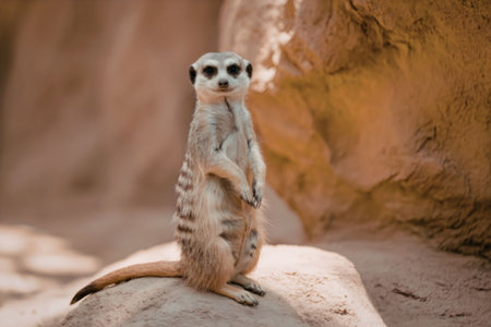 A meerkat standing on a rock with its front paws folded, looking alert and watchful.の写真素材