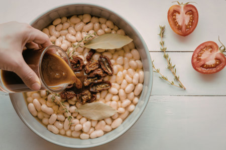 A bowl of beans with herbs and tomato being prepared