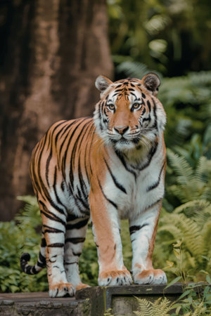 A tiger standing on a log in a forest, looking directly at the camera with its orange and black...