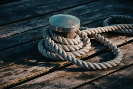 A close-up view of a rope wrapped around a metal cleat on a wooden dock