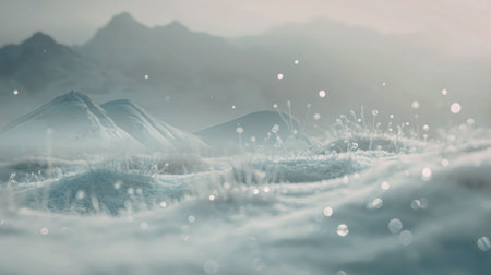 A serene snowy mountain landscape with a foggy atmosphere, snowflakes gently falling.