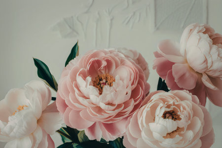 A close-up image of pink and white peonies with green leaves against a light background