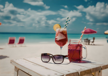 A refreshing summer setup on a beach with two colorful drinks, sunglasses, and a serene ocean view.