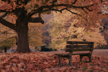 A serene autumn scene featuring a wooden bench under a large tree with vibrant orange and yellow...