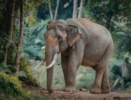A large elephant standing on a dirt path in a forest with trees and greenery in the background.の写真素材