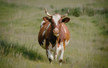 A brown and white cow standing in a lush green field with horns and looking directly at the camera.