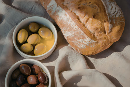 A crusty loaf of bread and two bowls of olives on a tableclothの写真素材