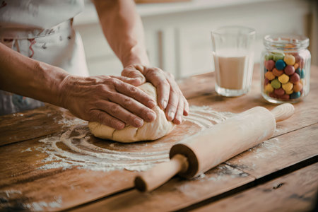 A person kneading dough on a wooden table with a rolling pin and ingredients nearby.