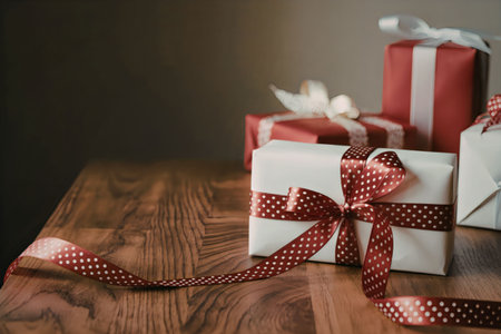 a collection of wrapped gifts in white and red on a wooden tableの写真素材