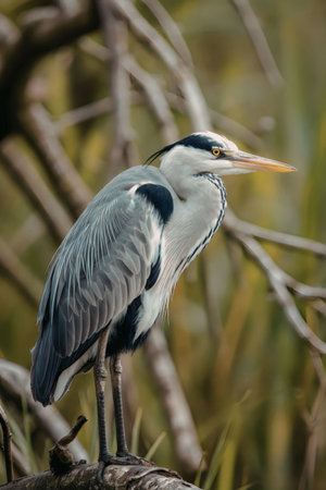 A gray heron standing on a branch with greenery in the background